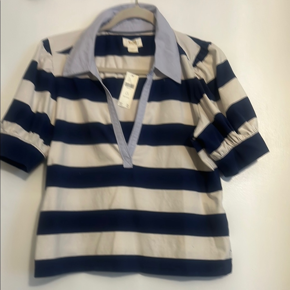 Marve Anthropology Blue and White Striped  Shirt Collared V-Neck
